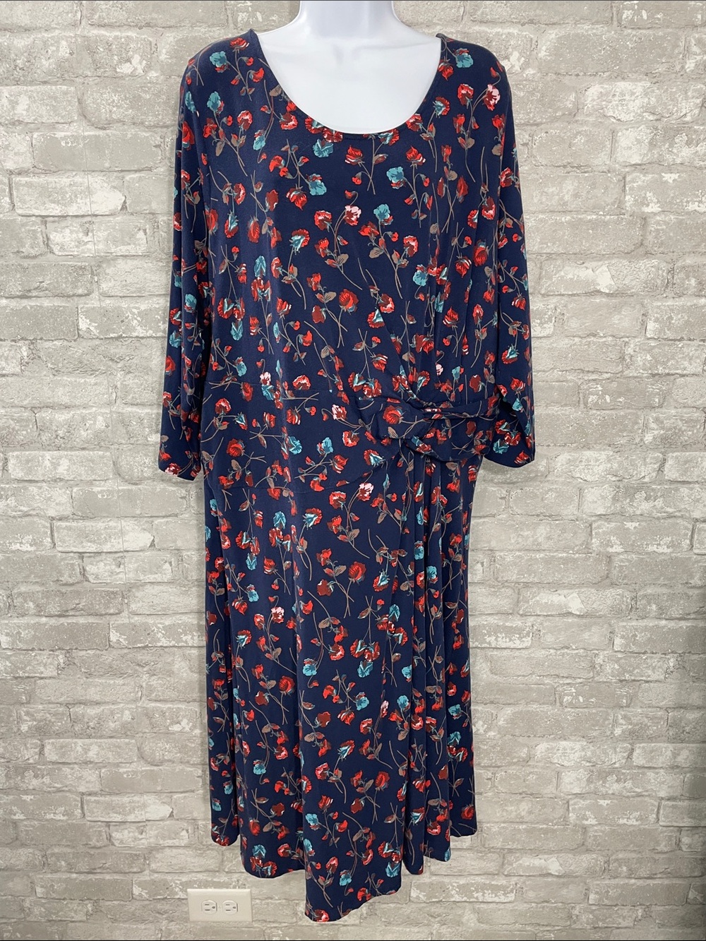Lands' End Navy Floral Scoop-Neck Midi Dress with Red & Teal Accents